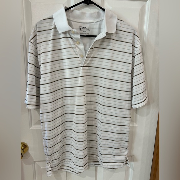 PGA Tour White and Brown striped Polo Shirt 100% polyester collard golf wear - Picture 1 of 3
